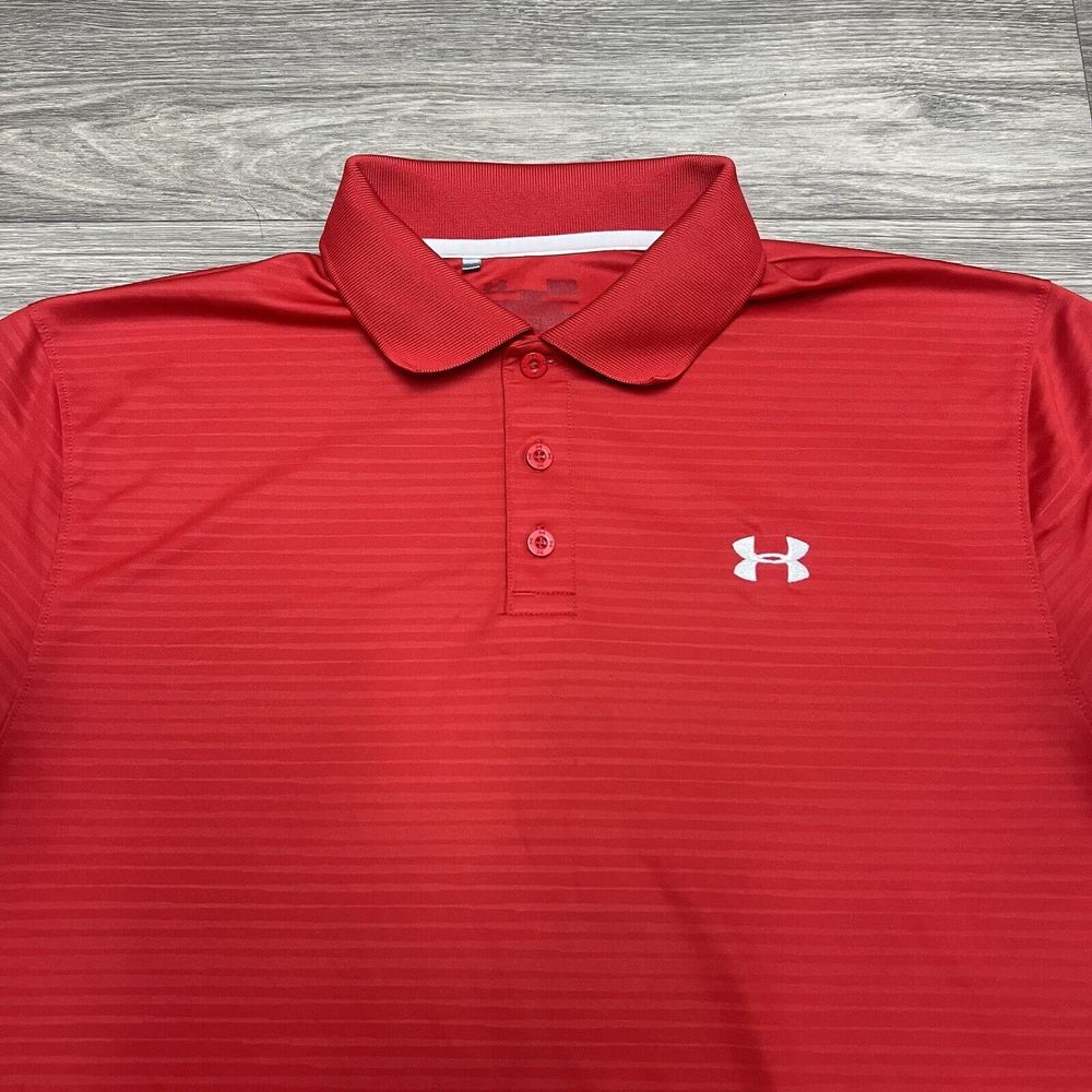 Under‎ Armour Polo Shirt Mens Medium Red Striped Tonal Performance Golf Athletic